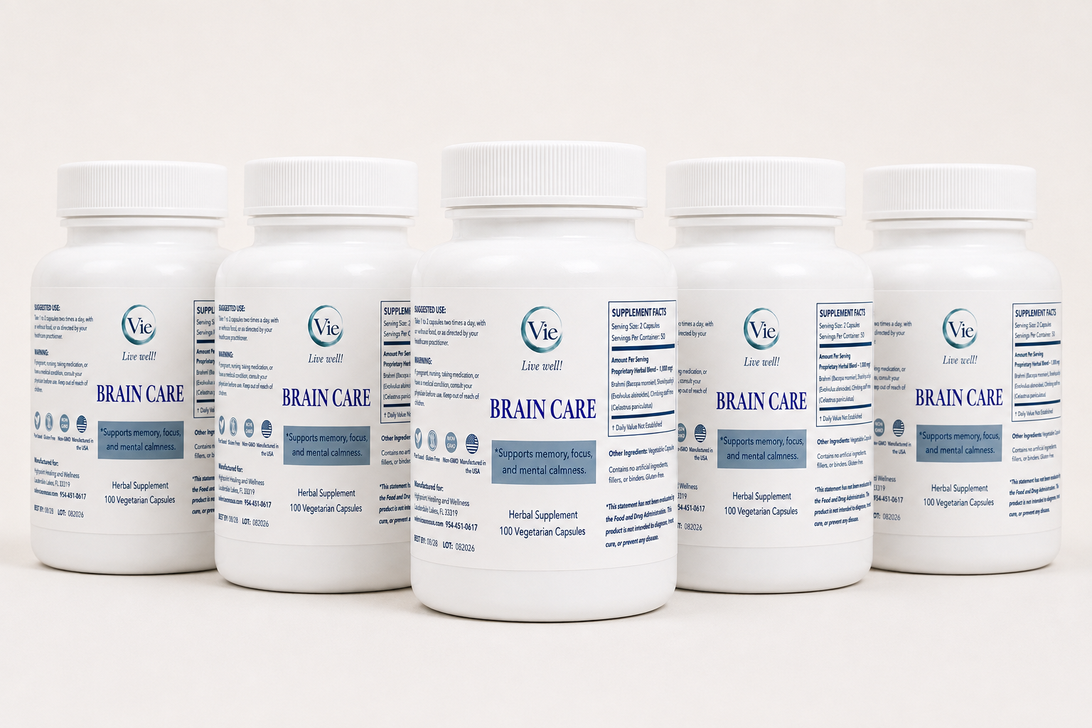 Brain Care herbal supplement, five bottles