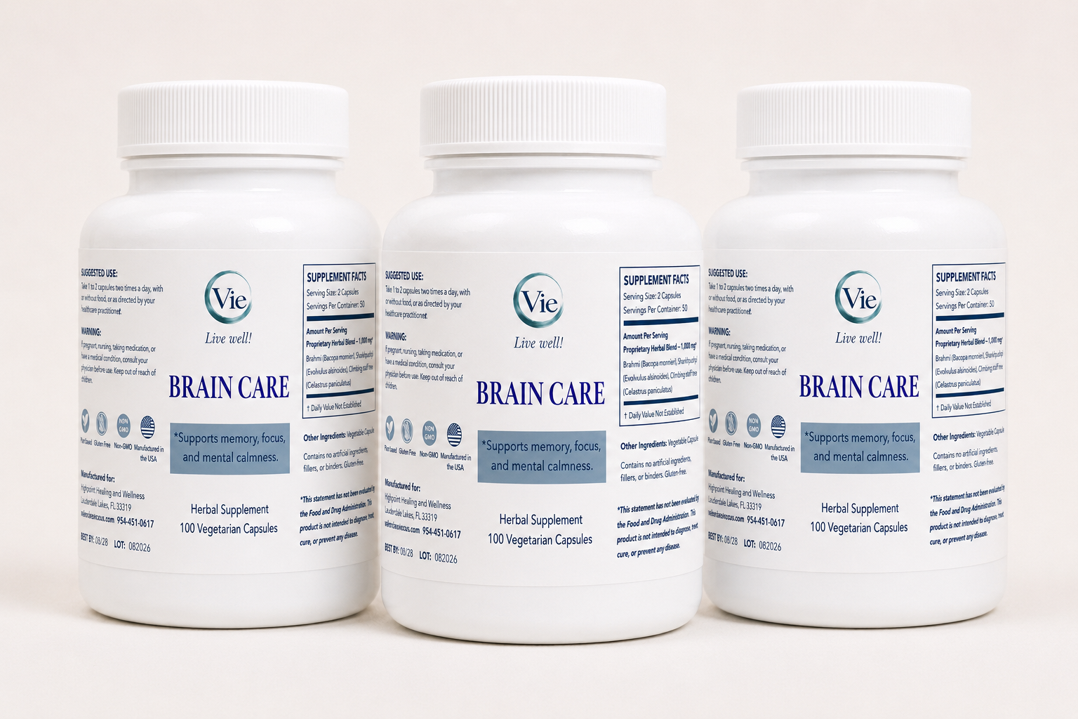 Brain Care herbal supplement, three bottles