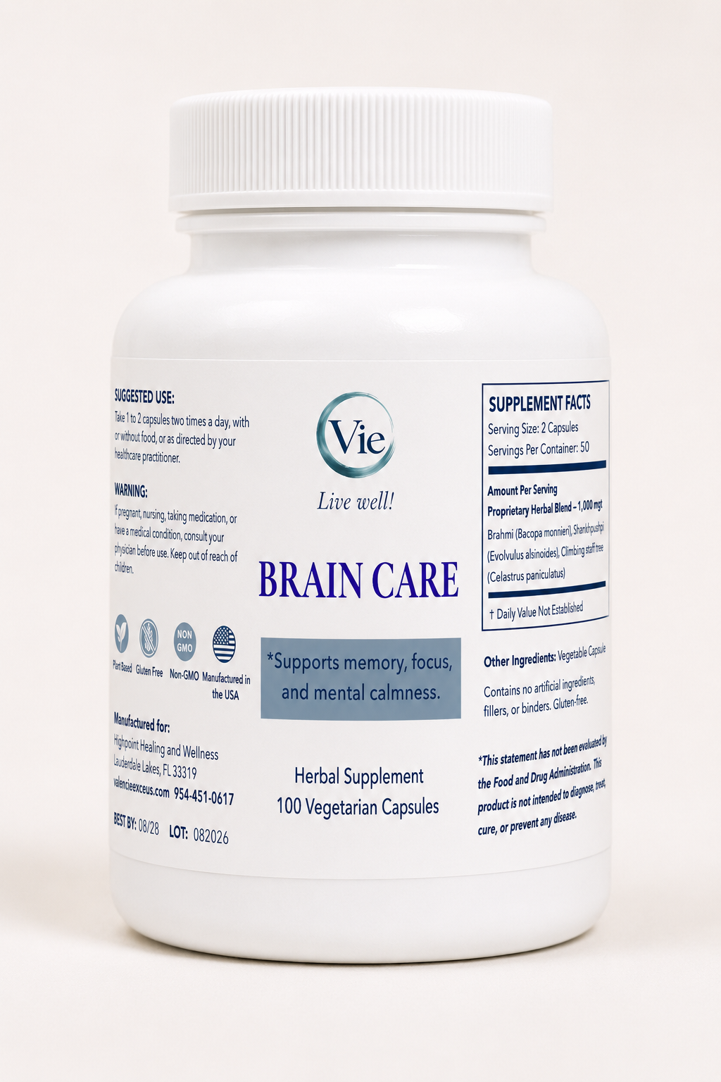 Brain Care herbal supplement, five bottle package